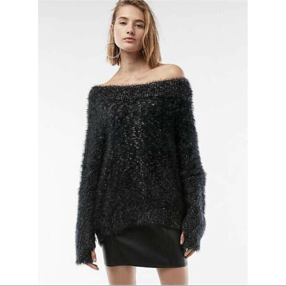 Marled Off The Shoulder Feather Wedge Sweater